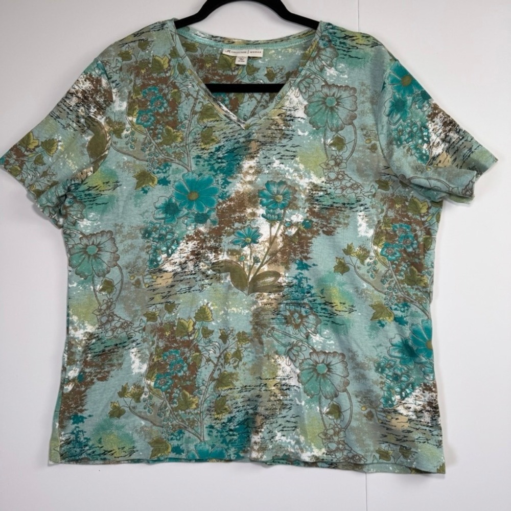 JM Collection Woman Teal Brown Floral Script V-Neck Cotton Top 1X
